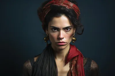 Portrait Of A Serious Woman With Red Headscarf