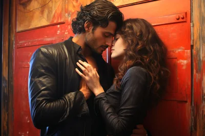 Intimate Couple Embracing Against A Rustic Red Door