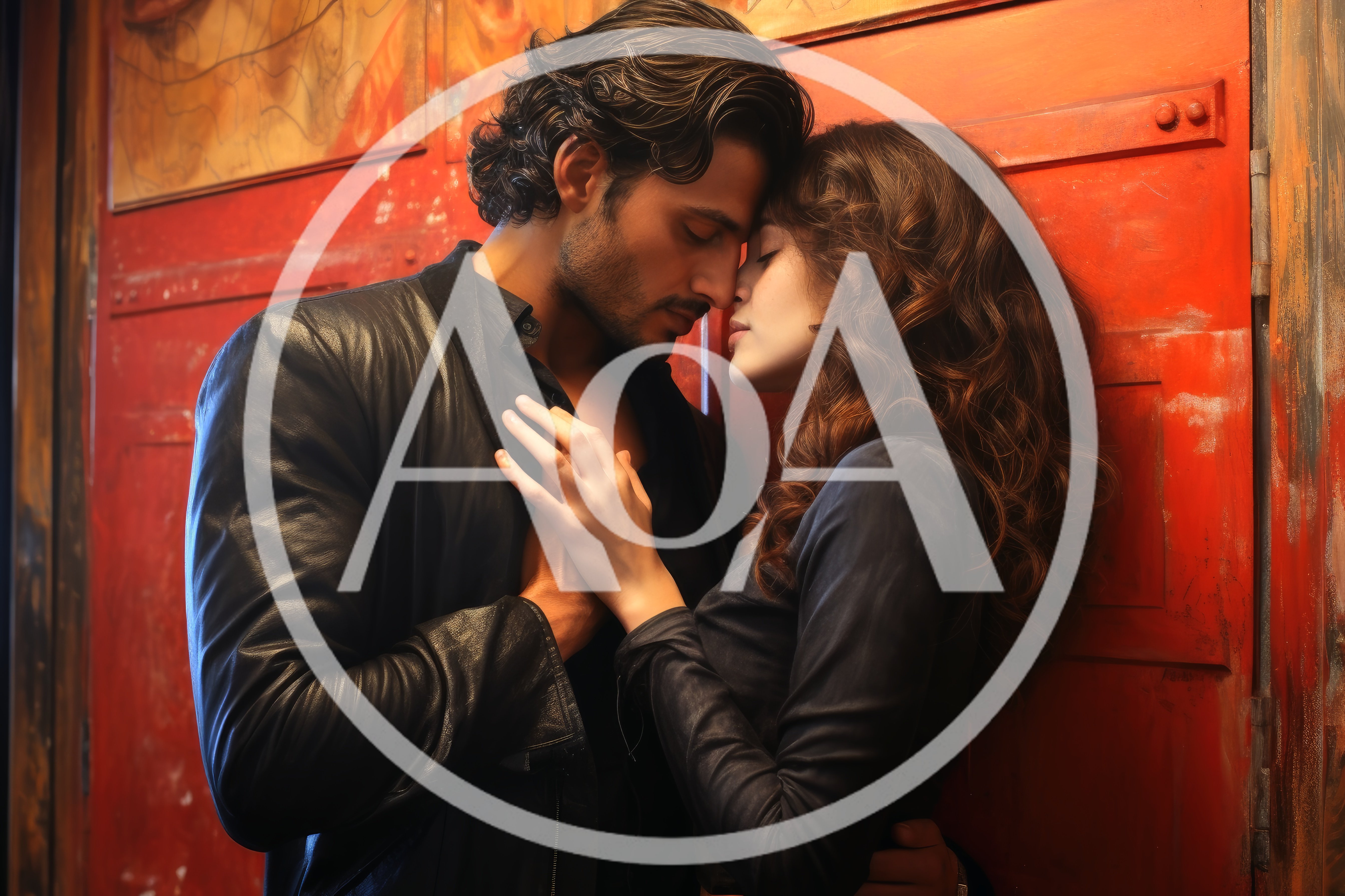 Intimate Couple Embracing Against A Rustic Red Door