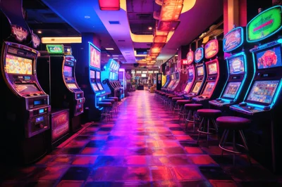 Empty Casino Floor With Glowing Slot Machines
