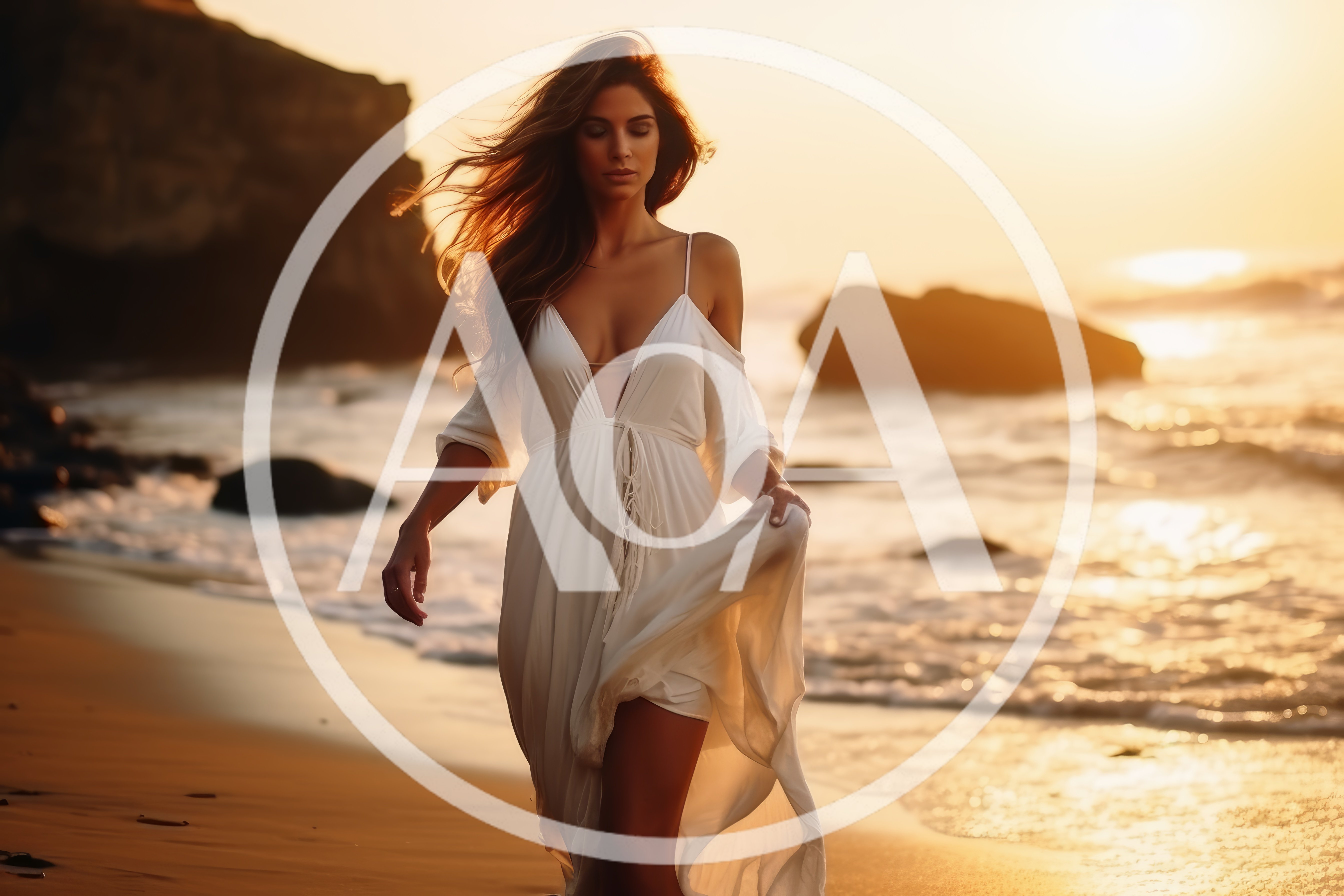Woman Walking Along Beach In White Dress At Sunset