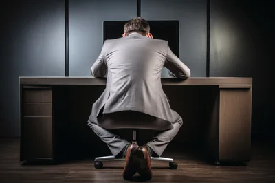 Stressed Businessman Sitting At Desk In Dark Office