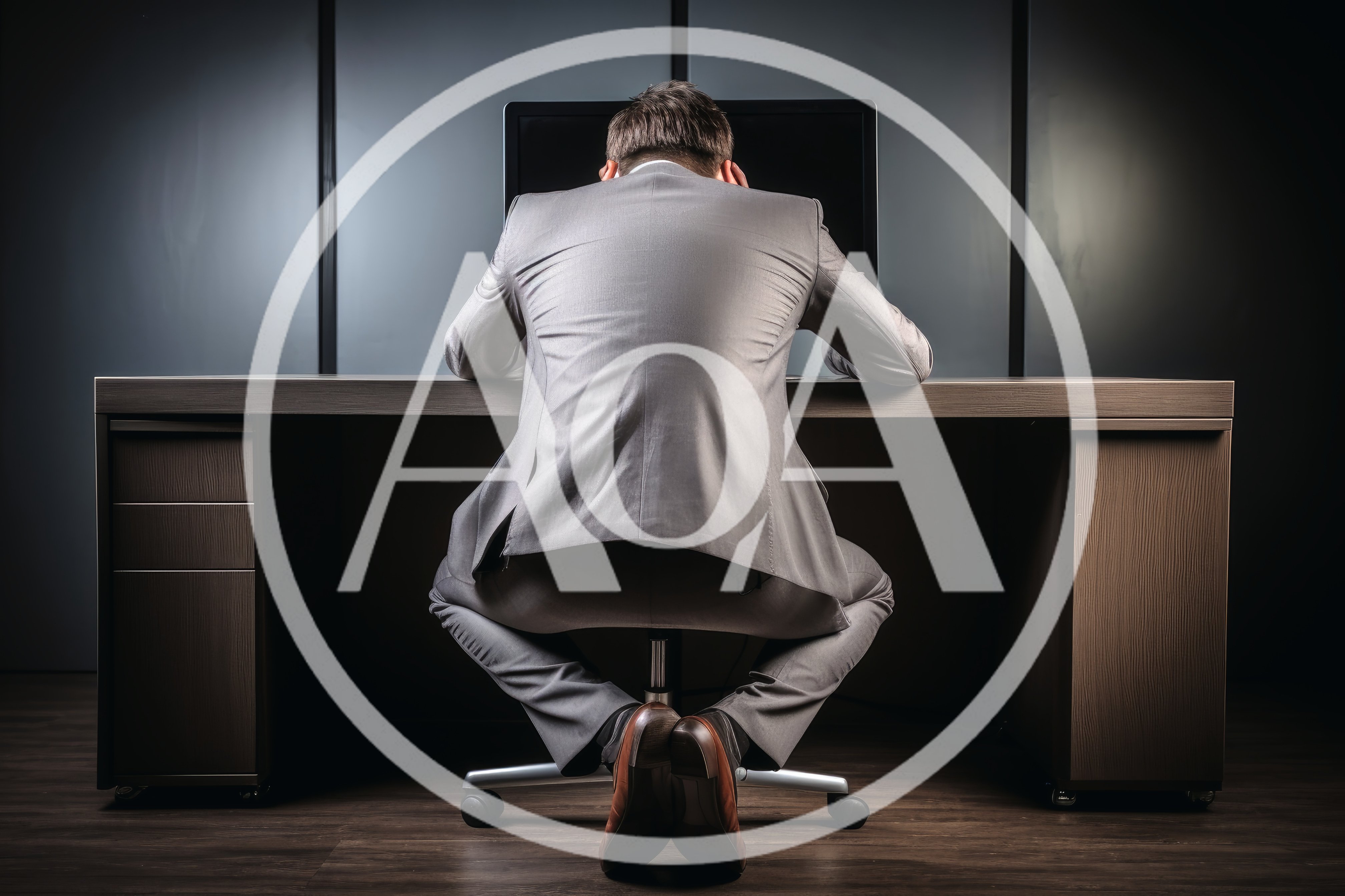 Stressed Businessman Sitting At Desk In Dark Office