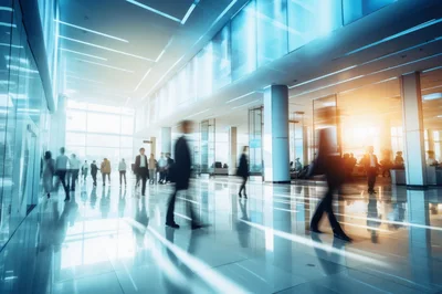 Business Professionals Walking Through A Modern Office Lobby
