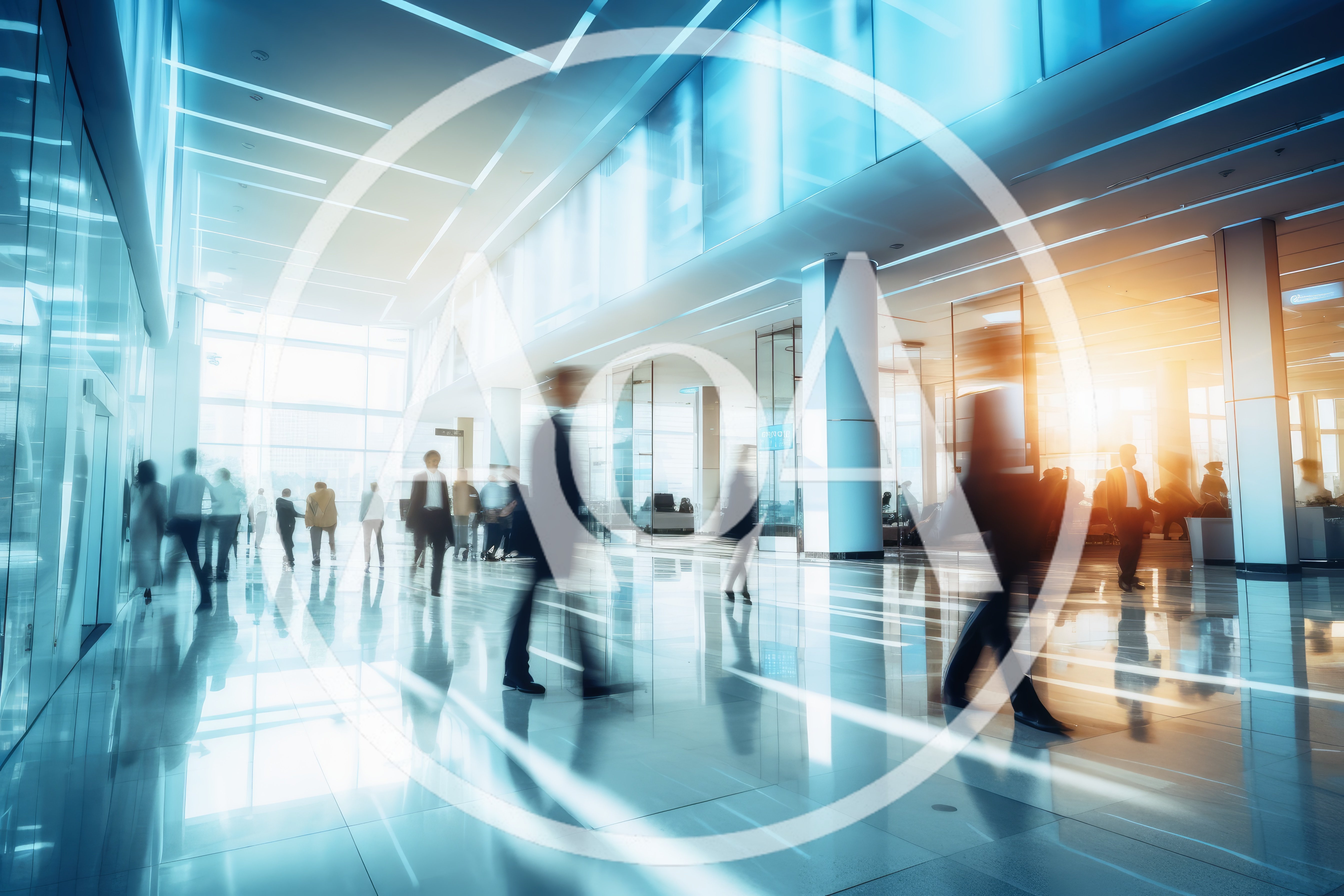 Business Professionals Walking Through A Modern Office Lobby