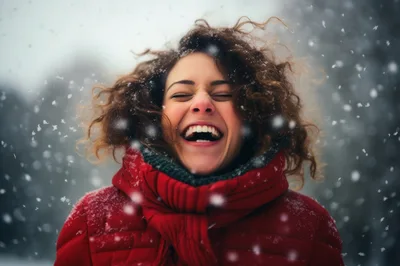 Happy Woman Laughing Outdoors During Winter Snowfall