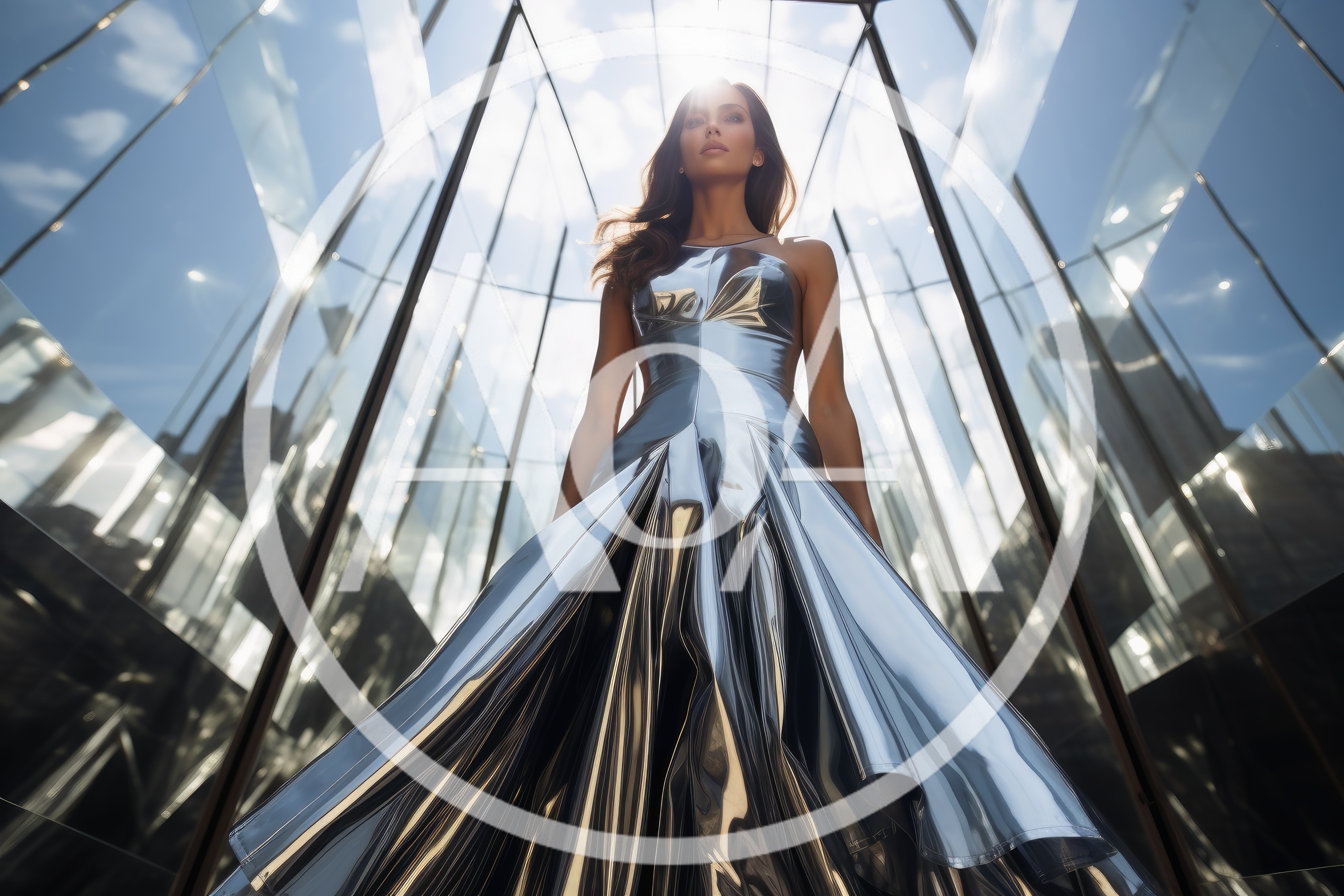 Woman In Metallic Silver Dress Standing In Glass Atrium