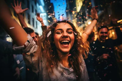 Young Woman Celebrating With Confetti At Night Party