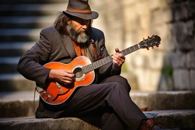 Street Musician Playing An Acoustic Guitar On Stone Steps