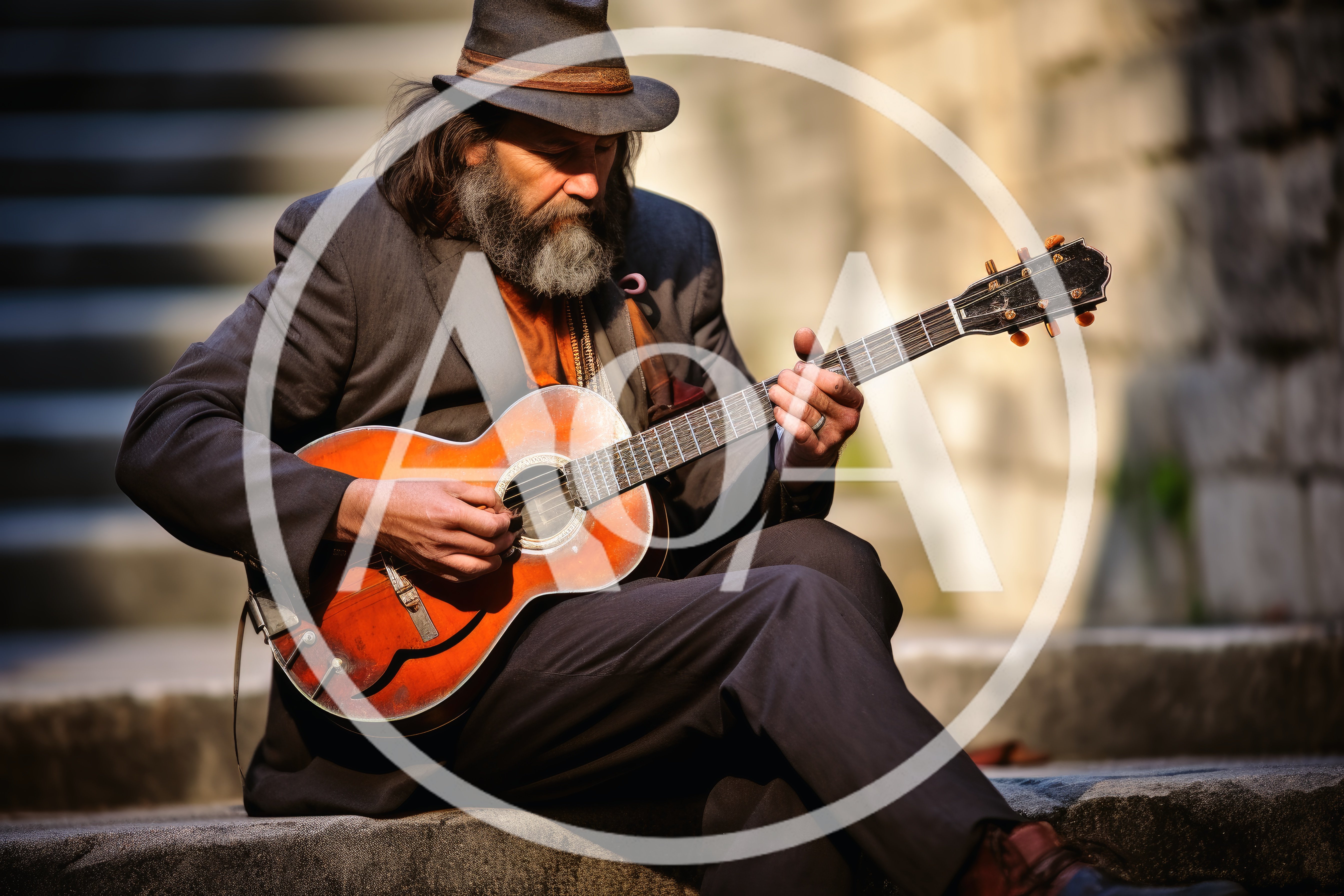 Street Musician Playing An Acoustic Guitar On Stone Steps