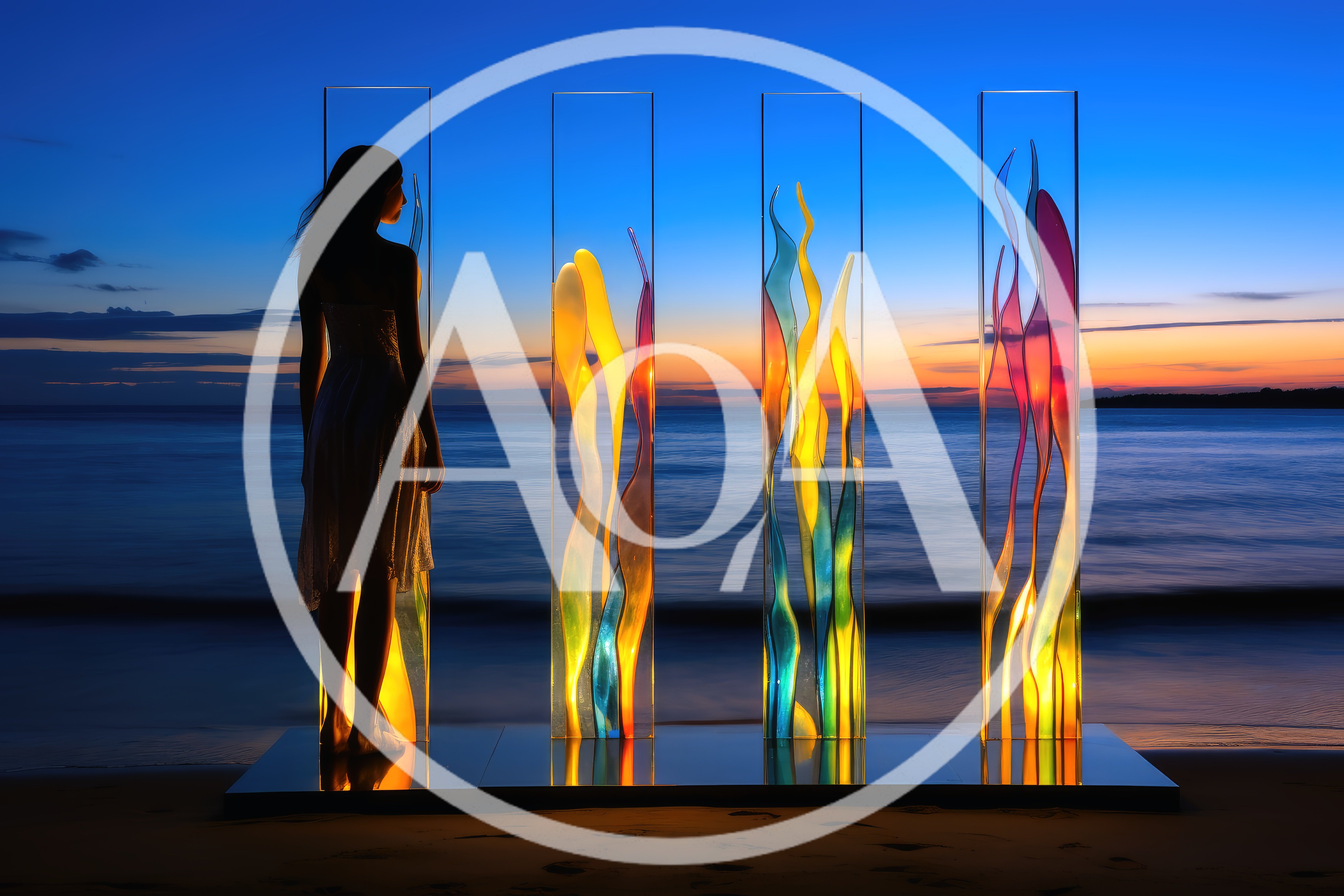Woman Standing Beside Illuminated Glass Sculptures At Sunset