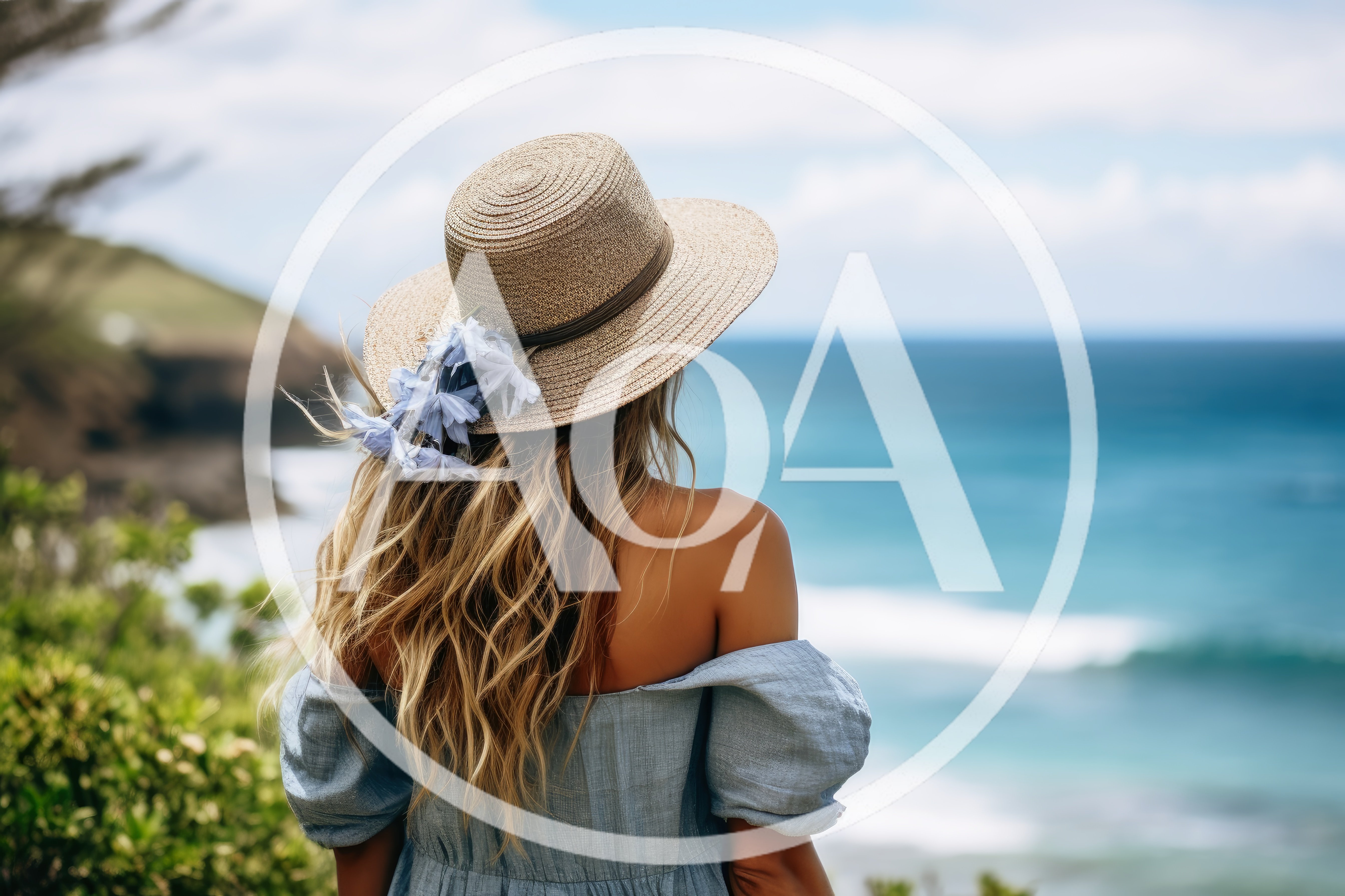 Woman Wearing Straw Hat Looking At The Ocean