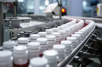 Pharmaceutical Bottles Moving Along An Automated Conveyor Belt