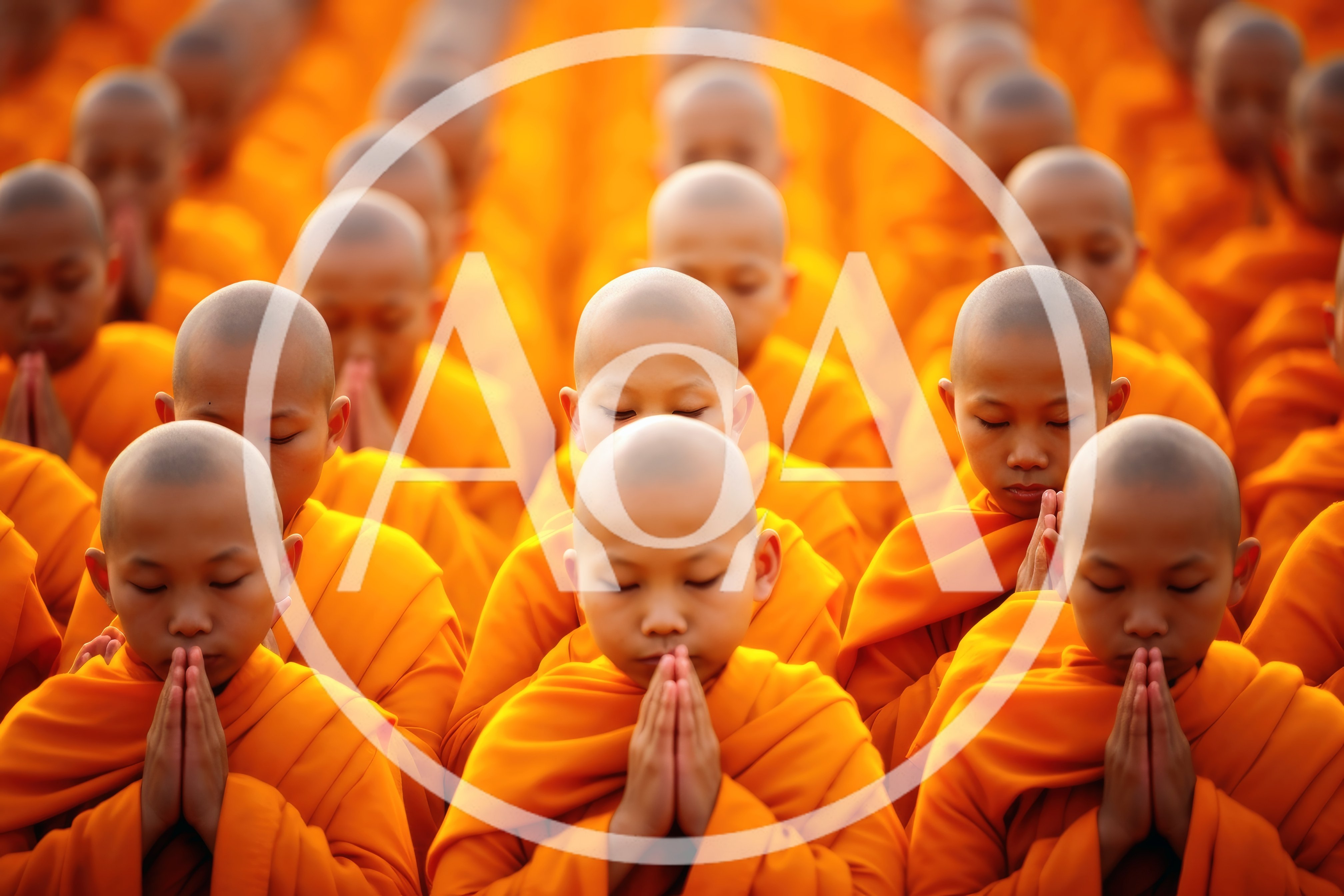 Young Buddhist Monks Praying in Orange Robes