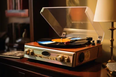 Vintage Style Record Player Playing Vinyl
