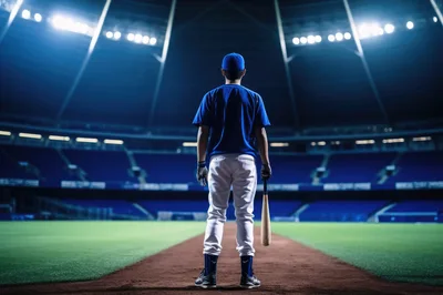Baseball Player Standing On Field At Night Stadium