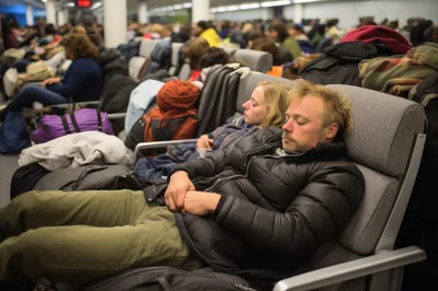 Exhausted Travelers Sleeping In Airport Terminal Chairs