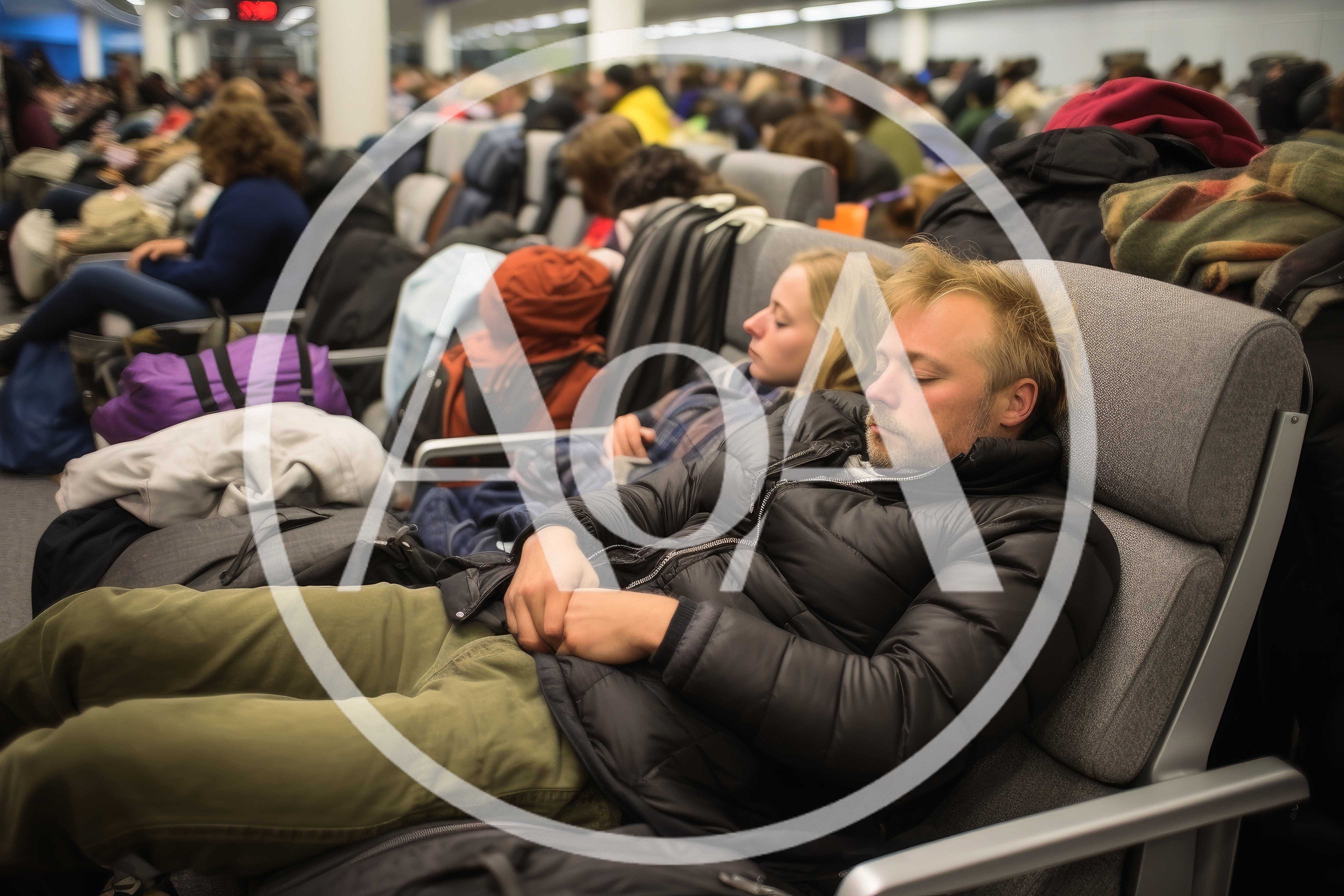 Exhausted Travelers Sleeping In Airport Terminal Chairs