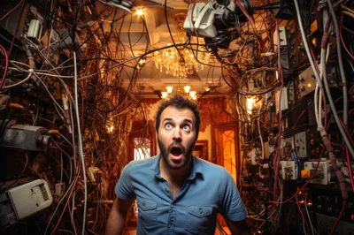 Shocked Man Standing In A Room Filled With Wires