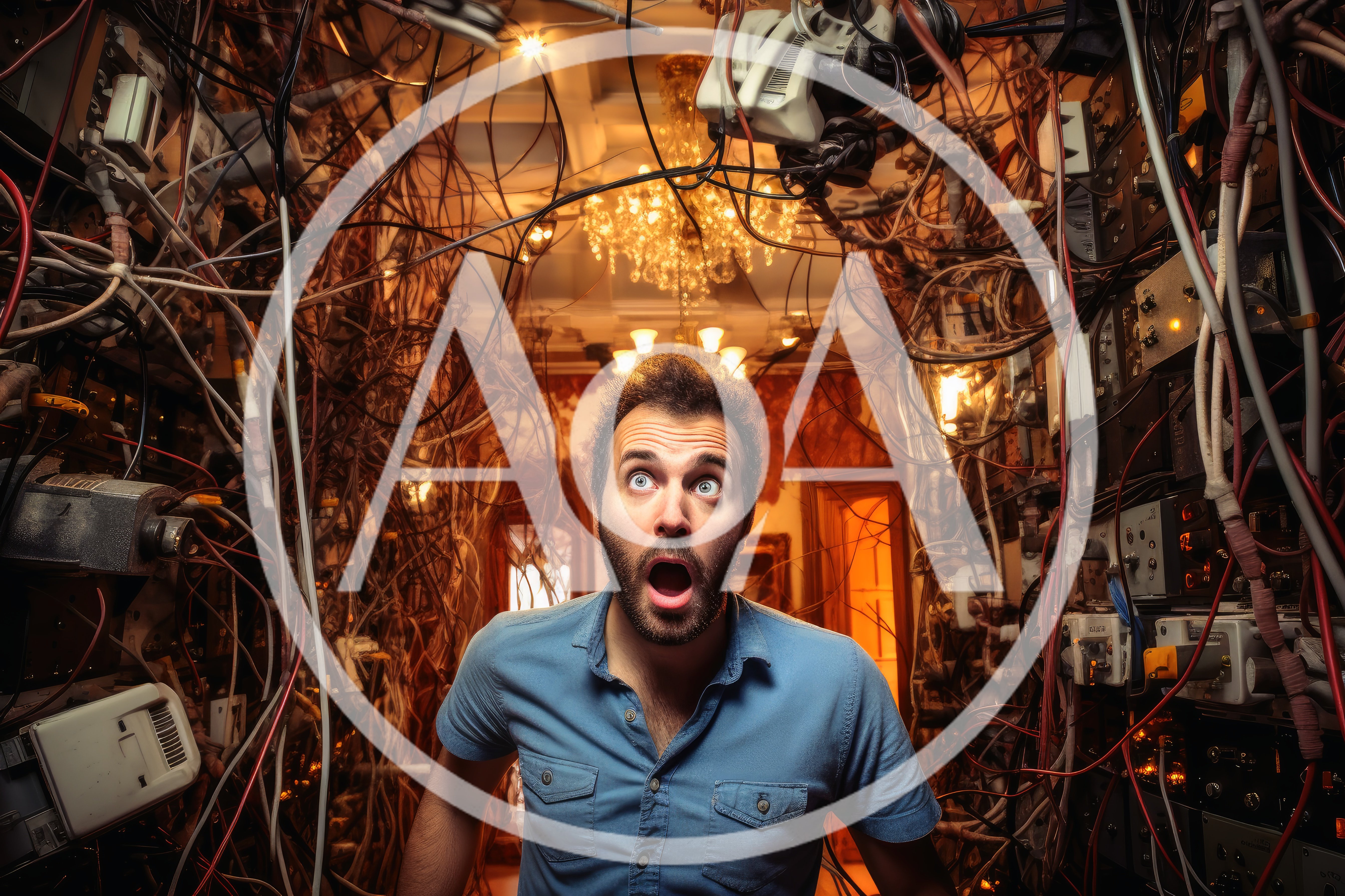 Shocked Man Standing In A Room Filled With Wires