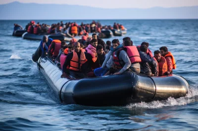 Refugees Traveling Across The Sea In Inflatable Boats