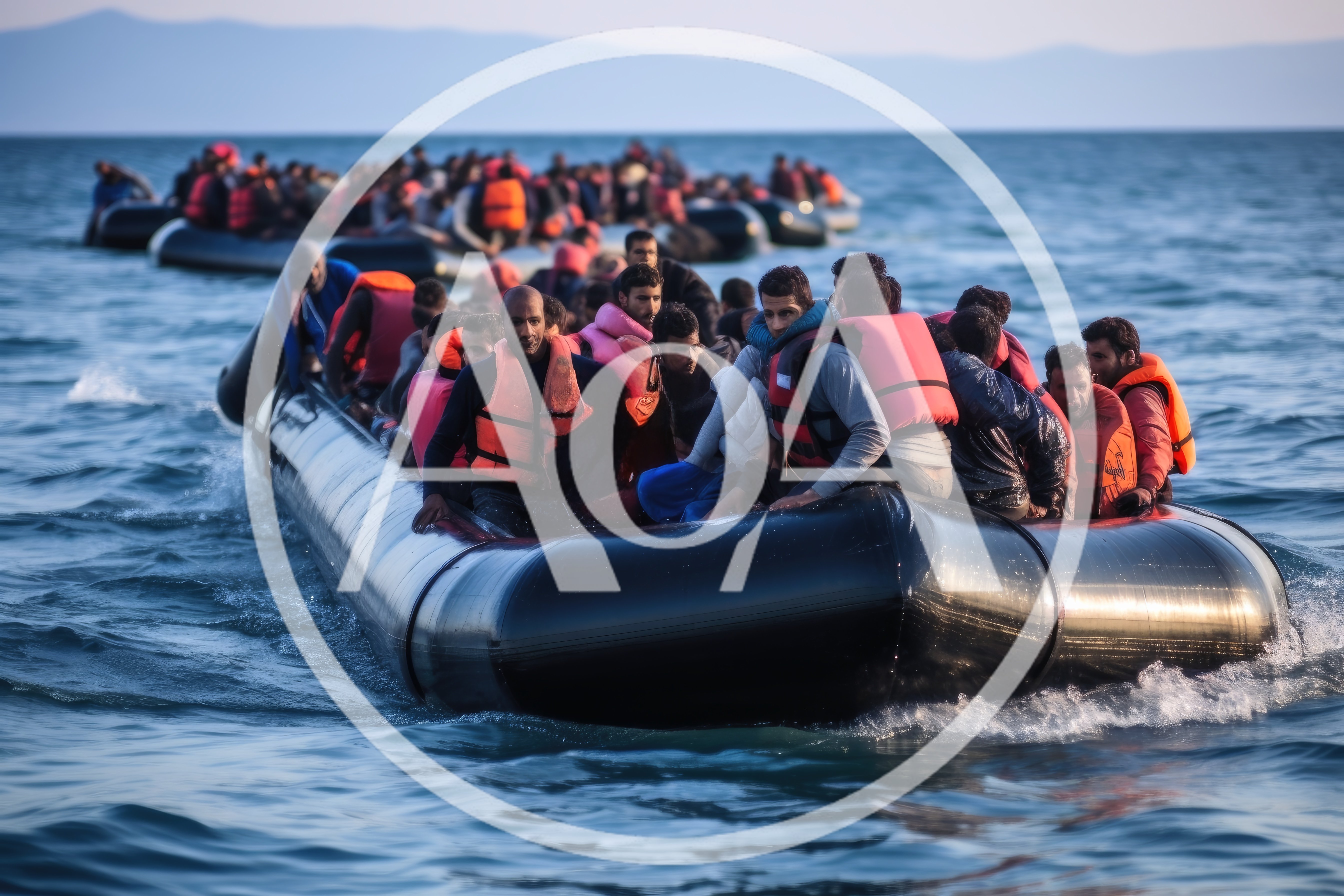 Refugees Traveling Across The Sea In Inflatable Boats