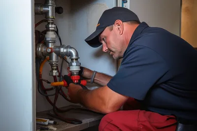 Professional Plumber Repairing Pipes Under A Kitchen Sink