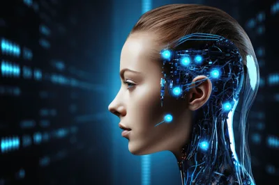 Cyborg Woman Profile With Glowing Neural Network Interface