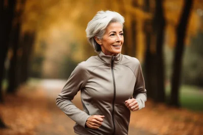 Active Senior Woman Jogging In Autumn Park