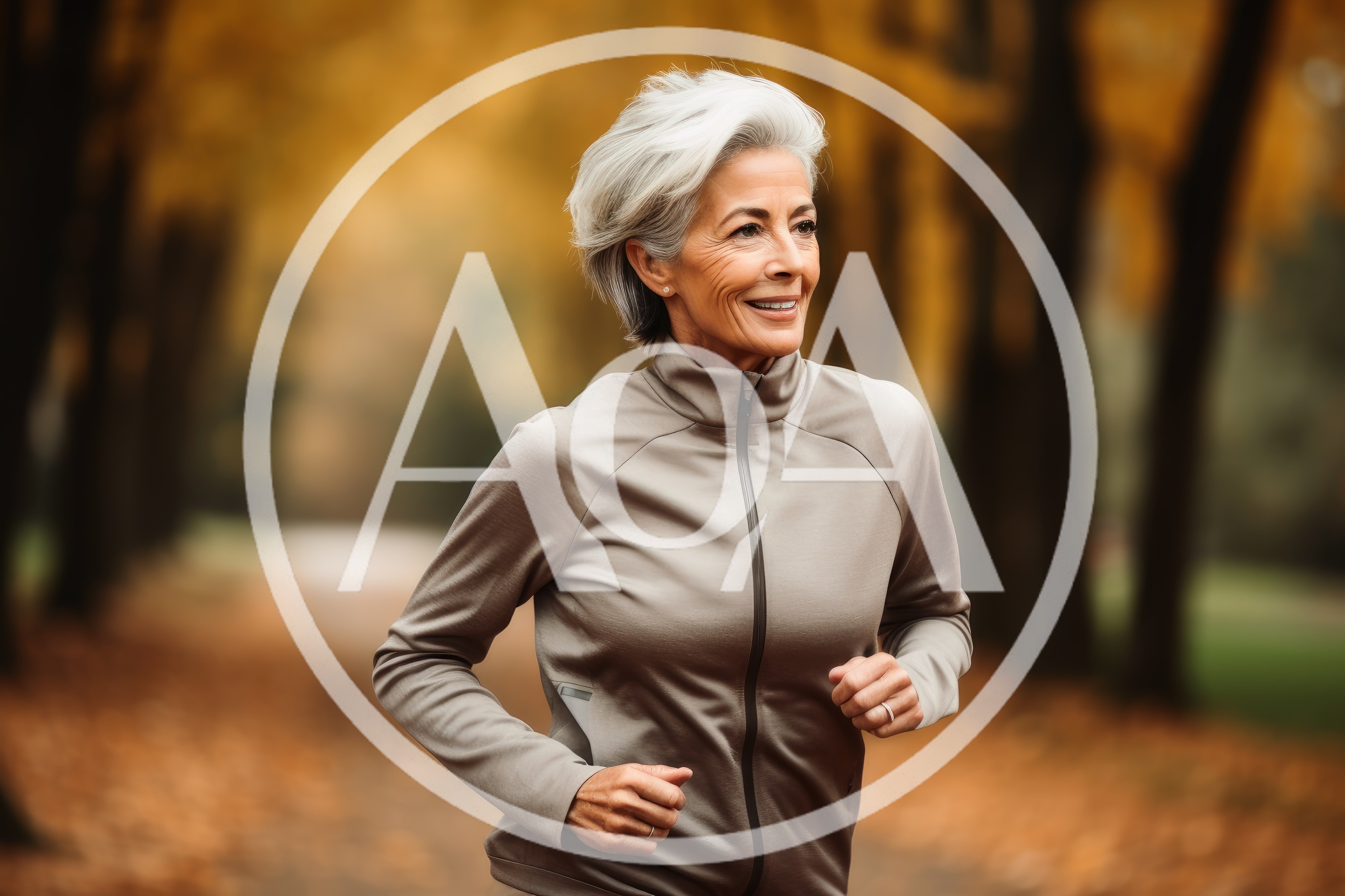 Active Senior Woman Jogging In Autumn Park