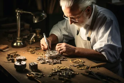 Elderly Watchmaker Repairing Vintage Timepiece In Workshop