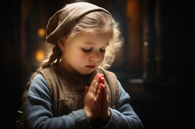 Young Girl Praying With Hands Clasped In Dim Light