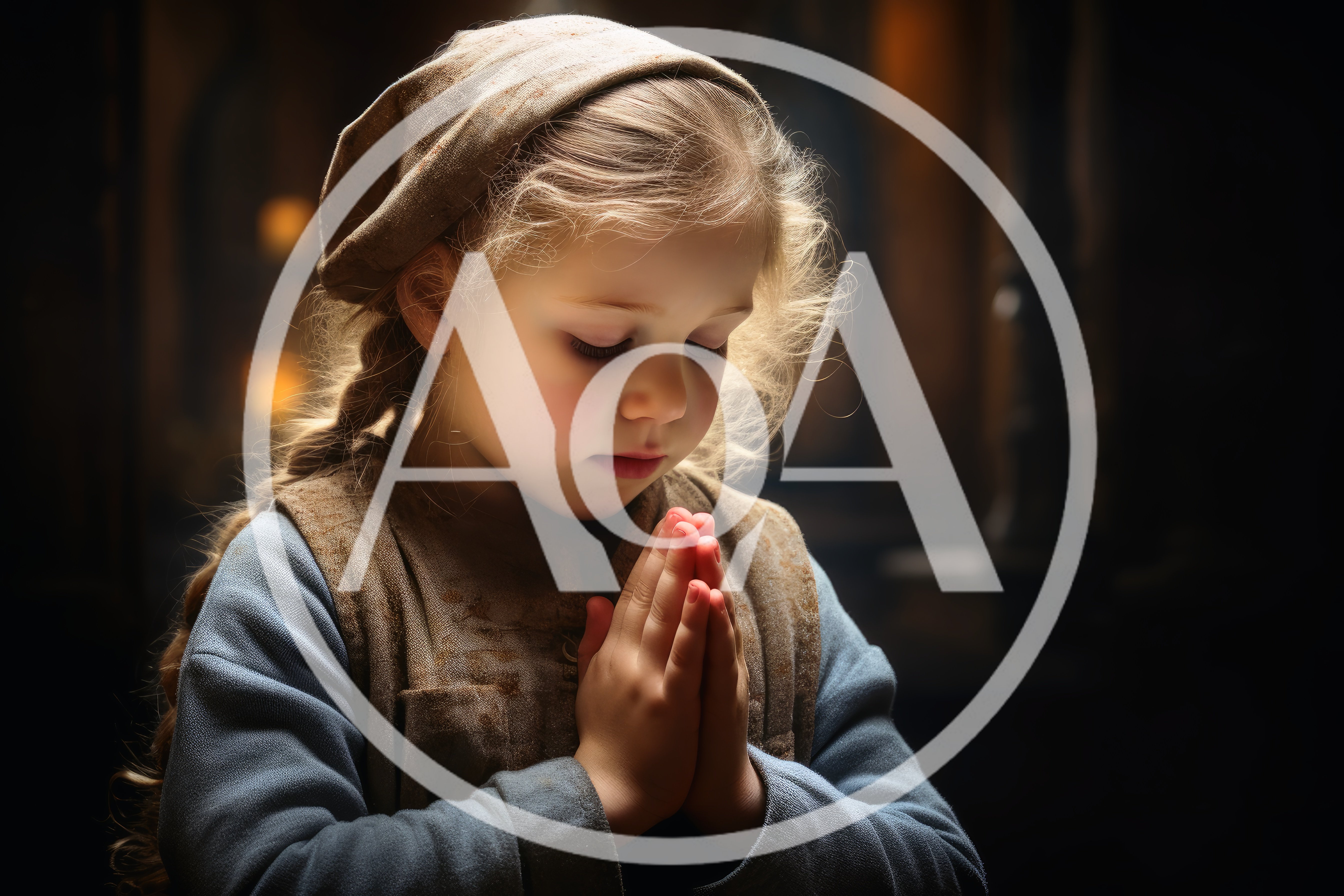 Young Girl Praying With Hands Clasped In Dim Light