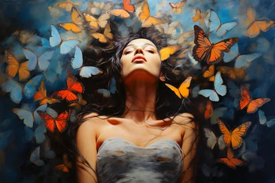 Woman Surrounded By Vibrant Butterflies In Artistic Portrait