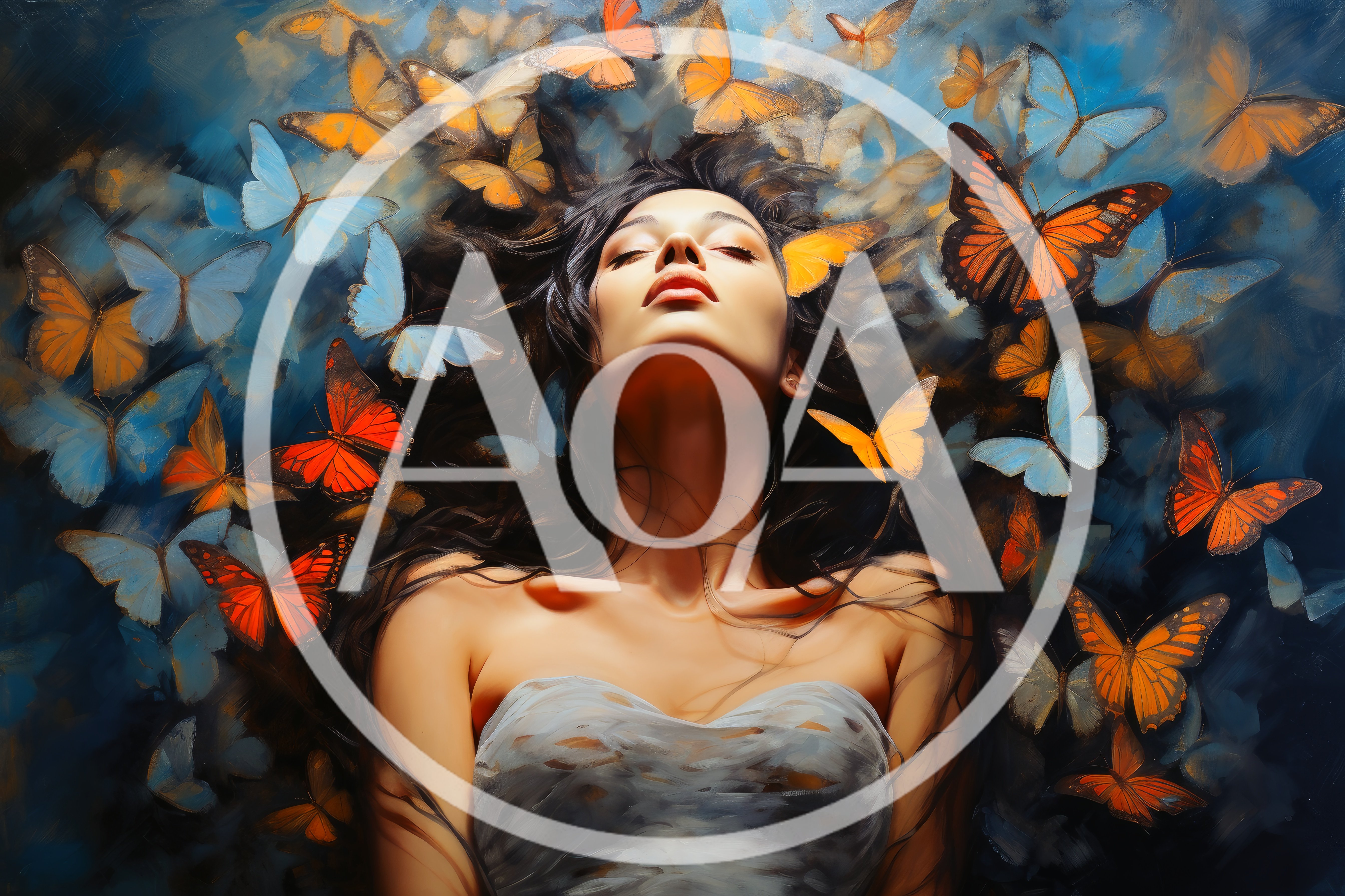 Woman Surrounded By Vibrant Butterflies In Artistic Portrait