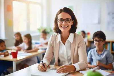 Smiling Female Teacher Writing in Notebook in Classroom