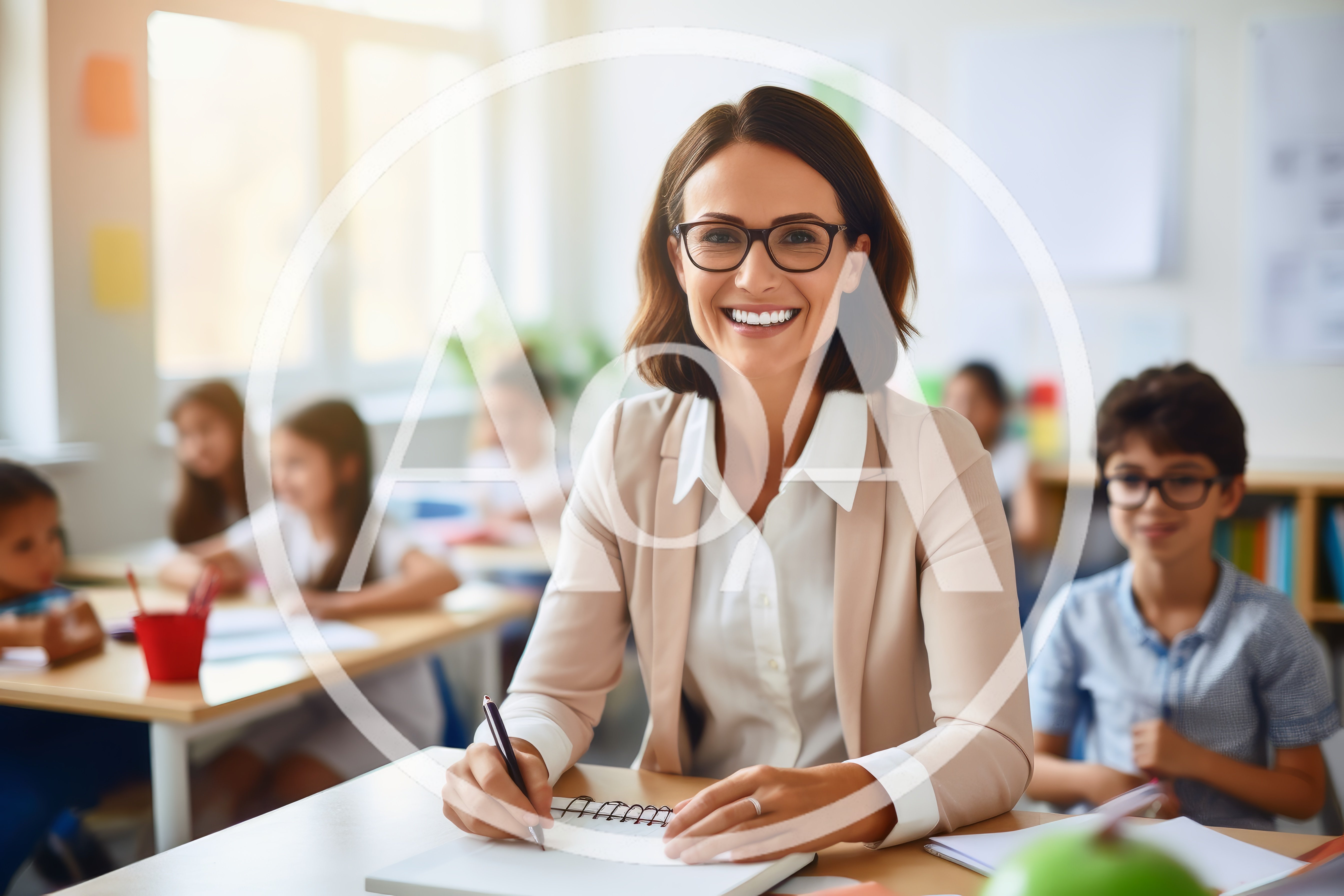 Smiling Female Teacher Writing in Notebook in Classroom