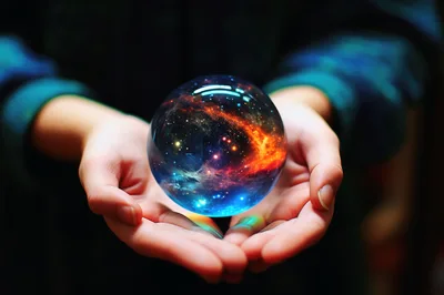 Person Holding A Glowing Cosmic Crystal Ball