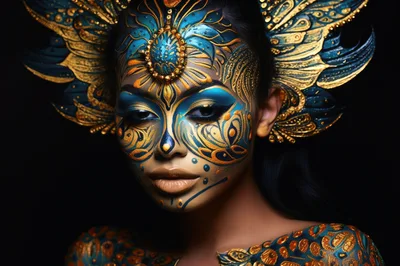 Portrait Of Woman With Intricate Gold And Blue Makeup