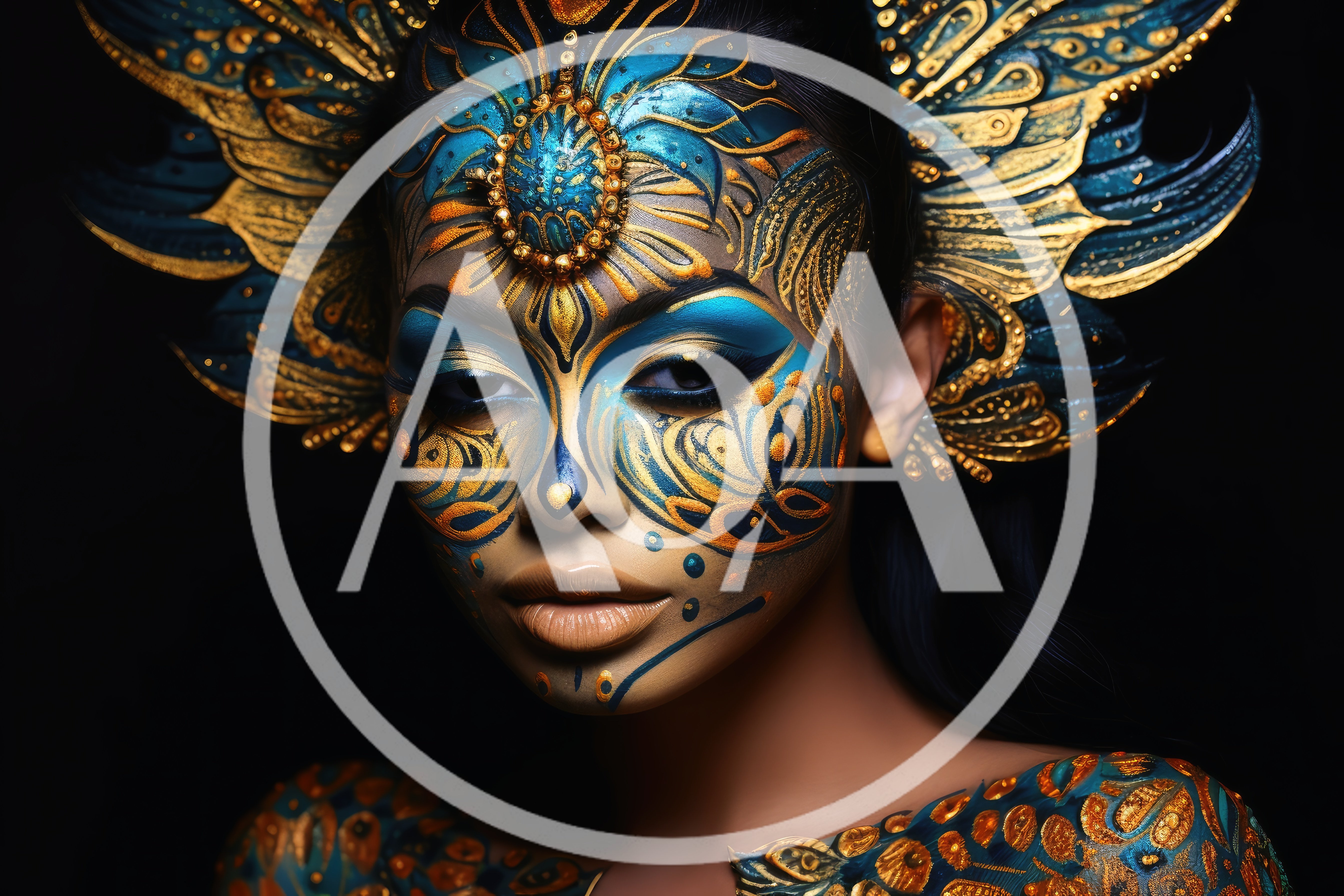 Portrait Of Woman With Intricate Gold And Blue Makeup