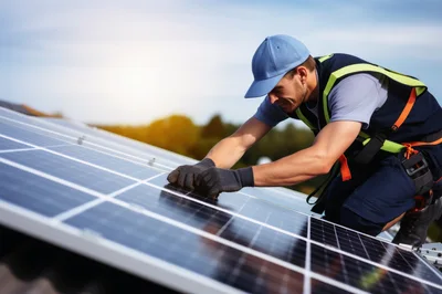 Professional Technician Installing Solar Panels On Residential Roof