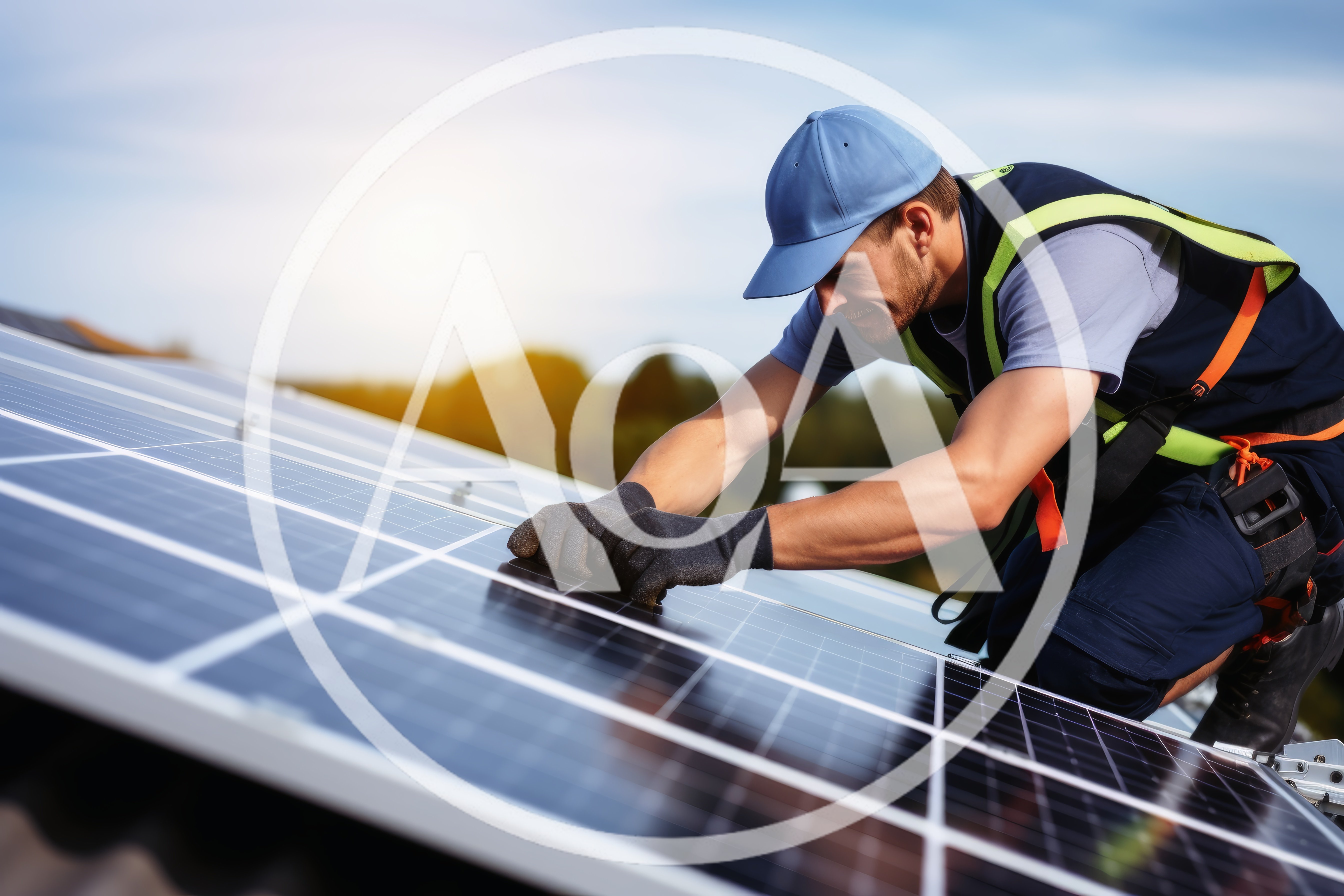 Professional Technician Installing Solar Panels On Residential Roof