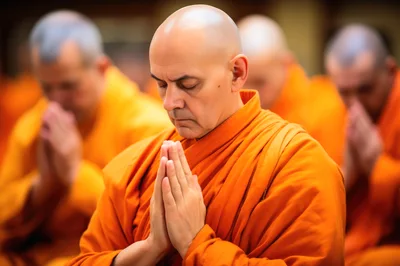 Buddhist Monks Praying in Orange Robes