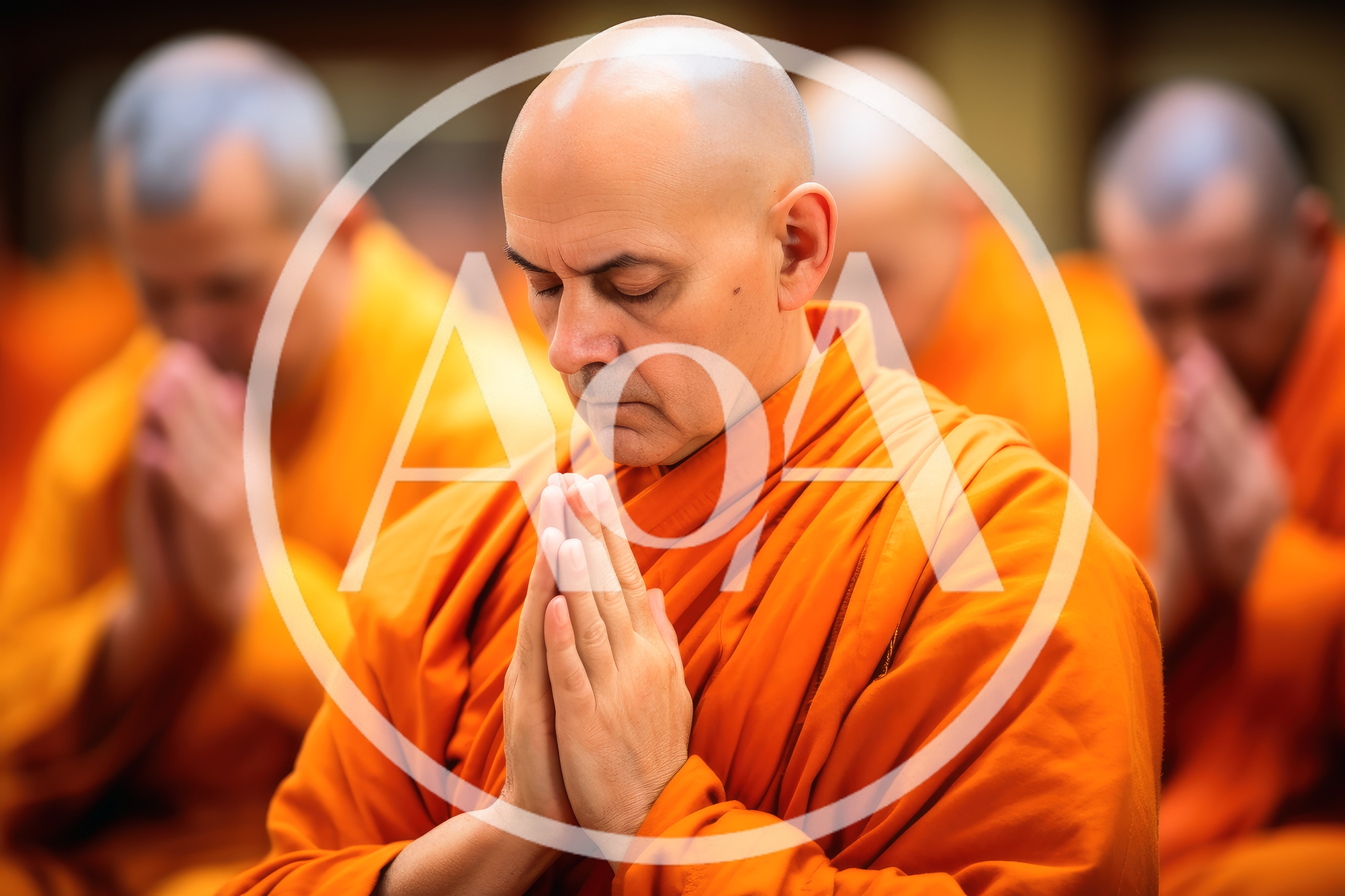 Buddhist Monks Praying in Orange Robes