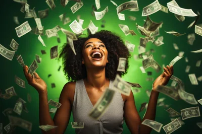Excited Woman Celebrating Success Under Falling Money