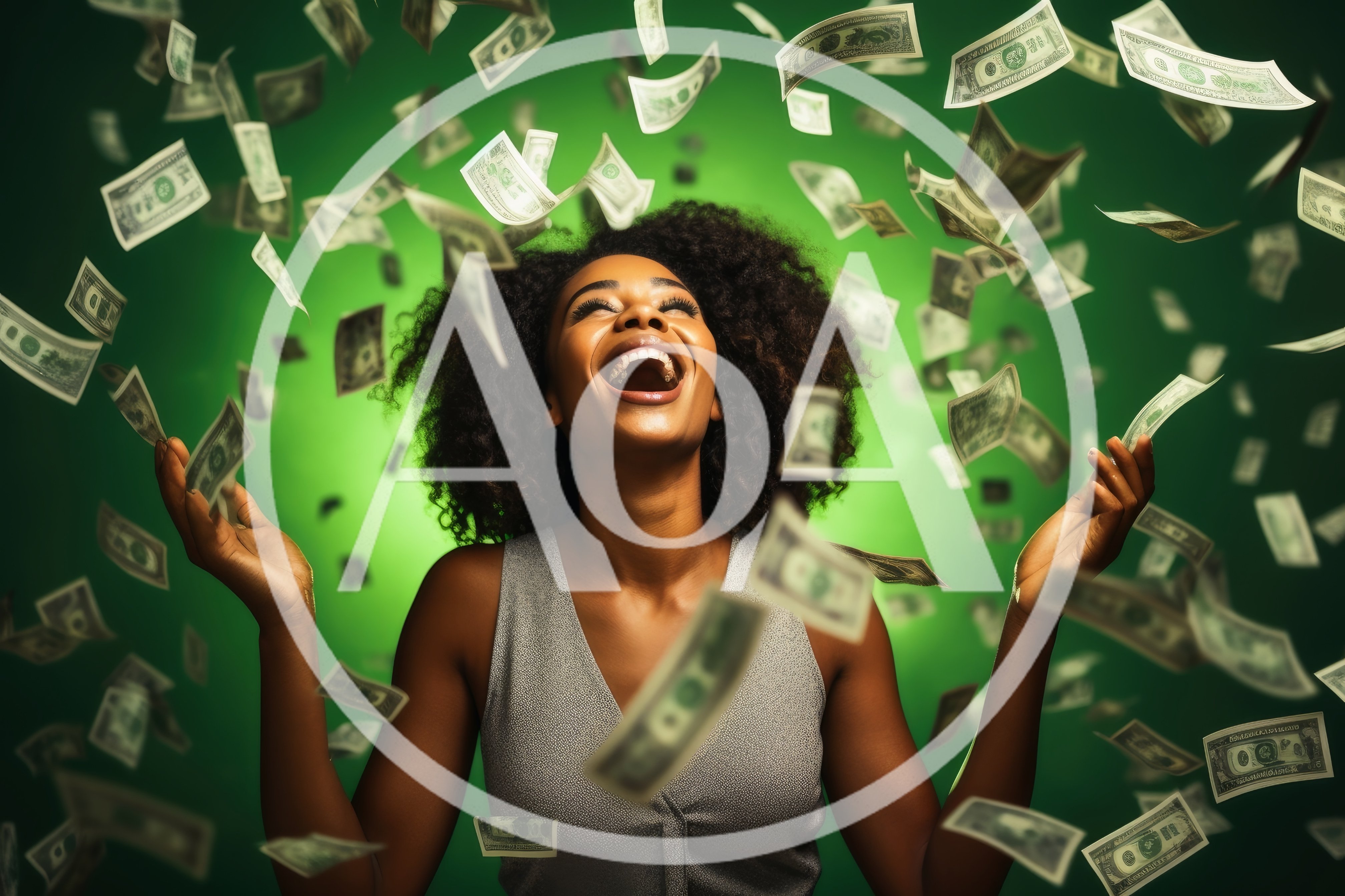 Excited Woman Celebrating Success Under Falling Money