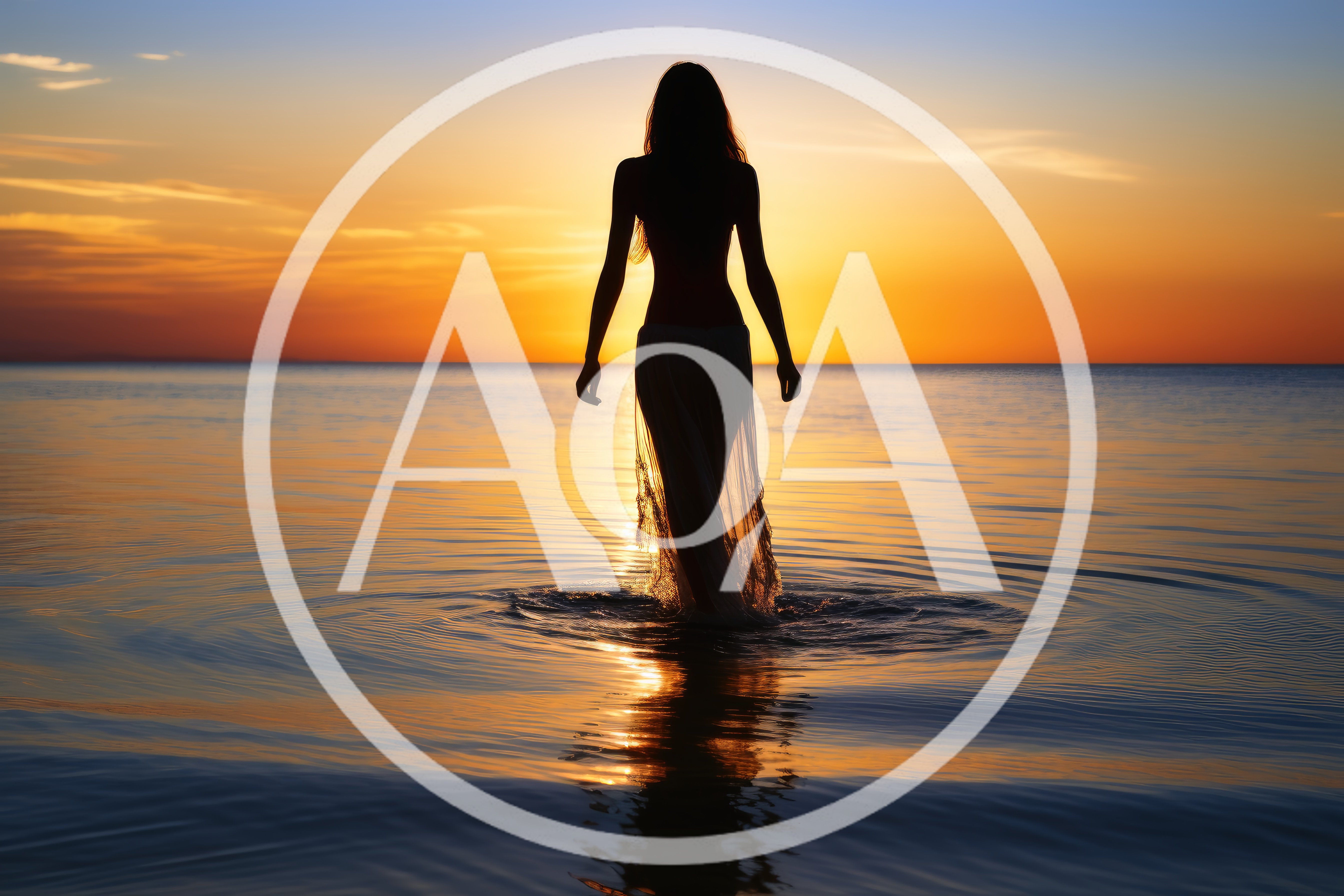 Silhouette Of A Woman Walking In The Ocean At Sunset