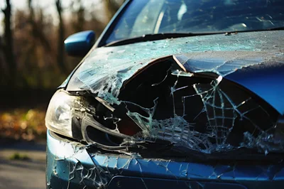 Damaged Blue Car With Shattered Windshield