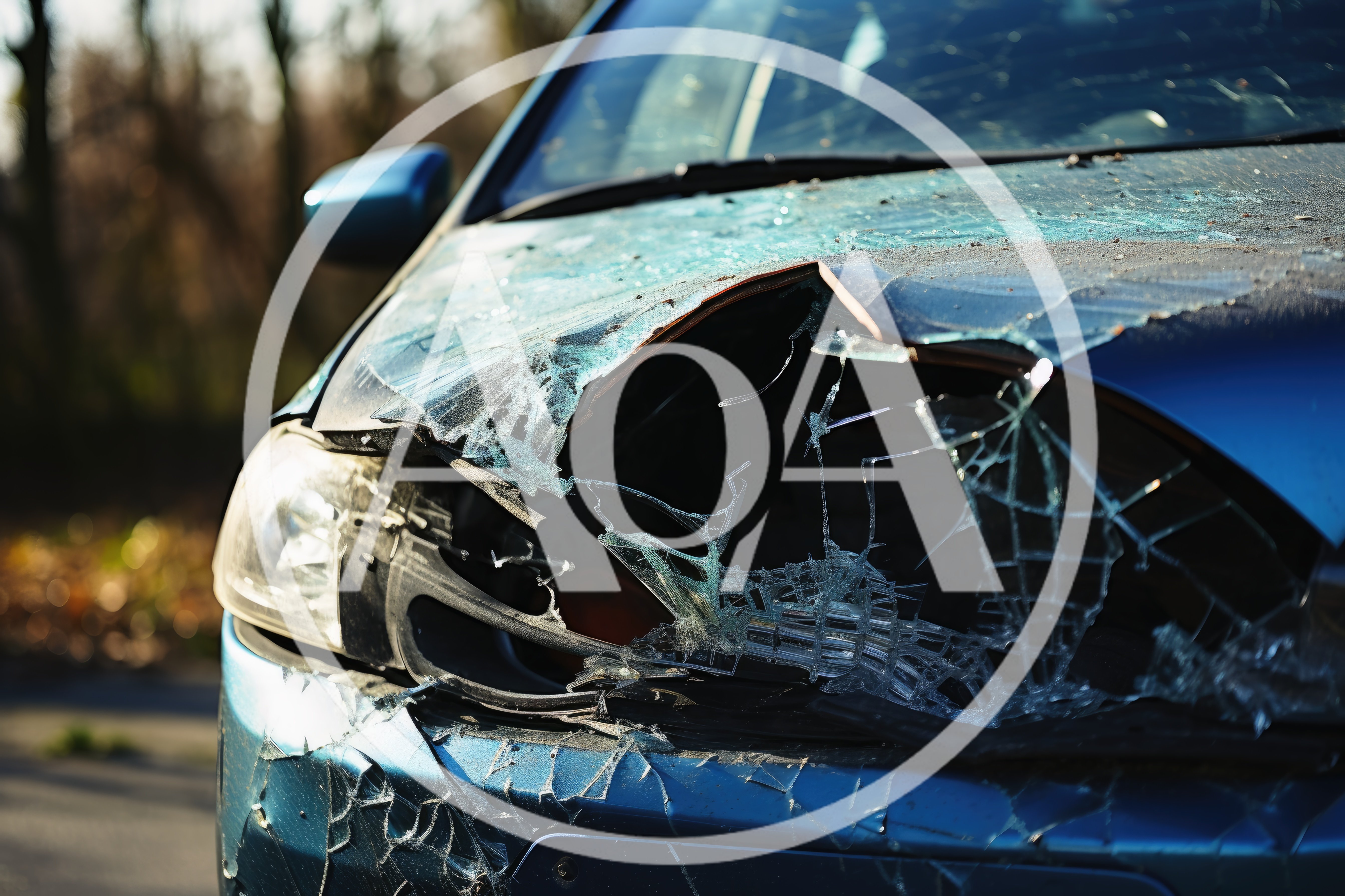 Damaged Blue Car With Shattered Windshield
