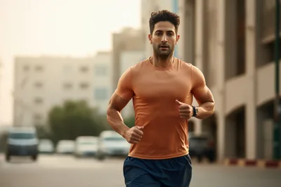 Athletic Man Jogging Through City Street
